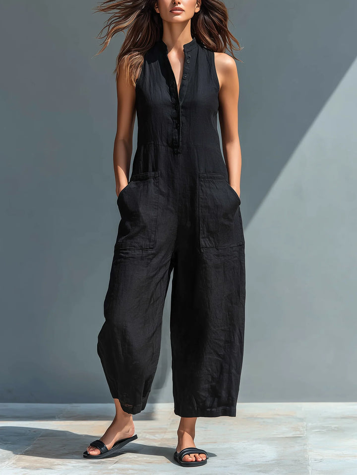 Women's black wide-leg sleeveless jumpsuit with mandarin collar. Elegant & comfortable summer fashion.