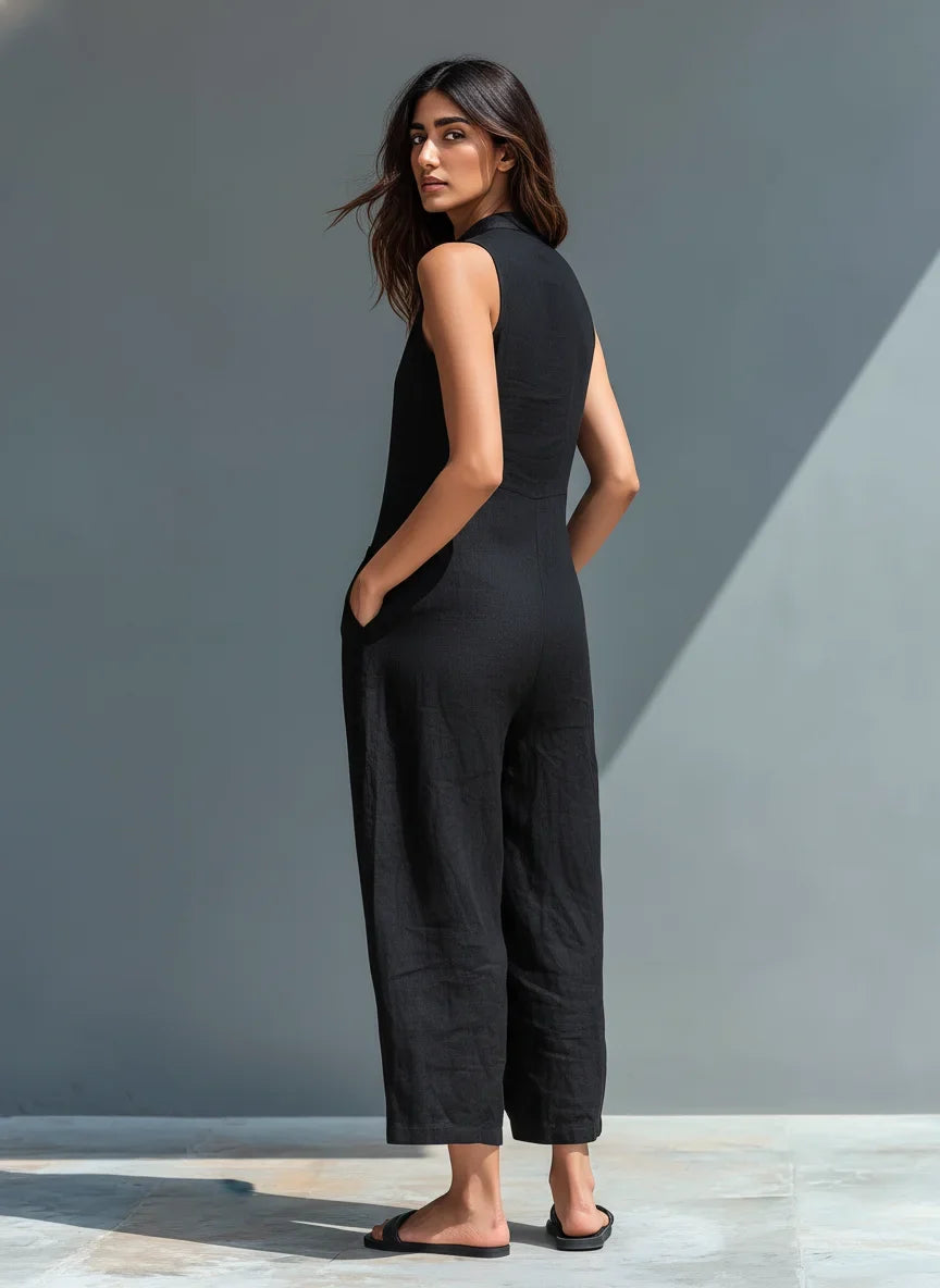 Yellow wide-leg sleeveless jumpsuit for women, featuring a stylish mandarin collar. Perfect for casual summer.