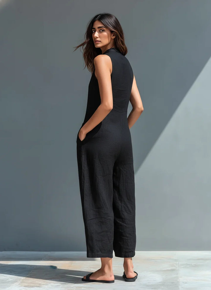 Yellow wide-leg sleeveless jumpsuit for women, featuring a stylish mandarin collar. Perfect for casual summer.