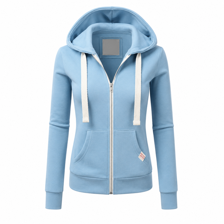 Stylish women's zip-up hoodie, fitted for comfortable everyday wear. Perfect casual sweatshirt with kangaroo pocket.