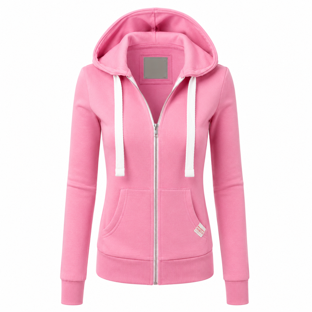 Comfortable women's zip-up hoodie. Fitted design, long sleeves, & kangaroo pocket make it perfect for casual wear.