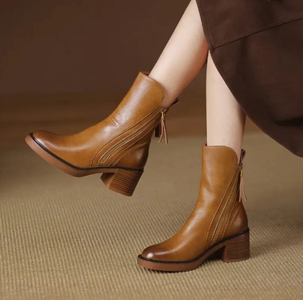 Women's block-heel ankle boots with side-zip closure, perfect for fall and winter style.