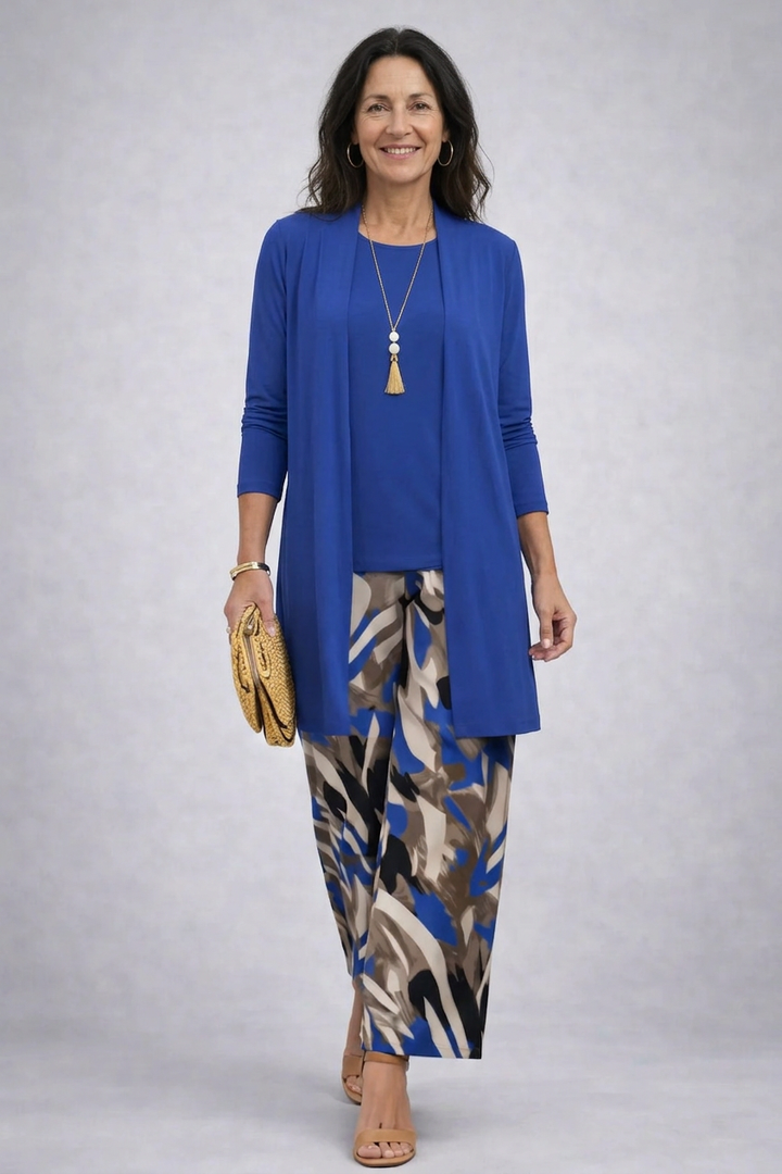 Women's blue abstract print 3-piece set with relaxed cardigan, tank top, and wide-leg pants for elegant comfort.