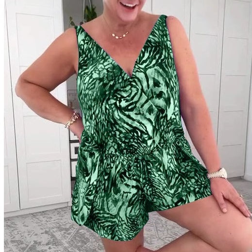 Green animal print V-neck playsuit, a fashionable short-sleeve women's romper, perfect for effortless casual summer style.