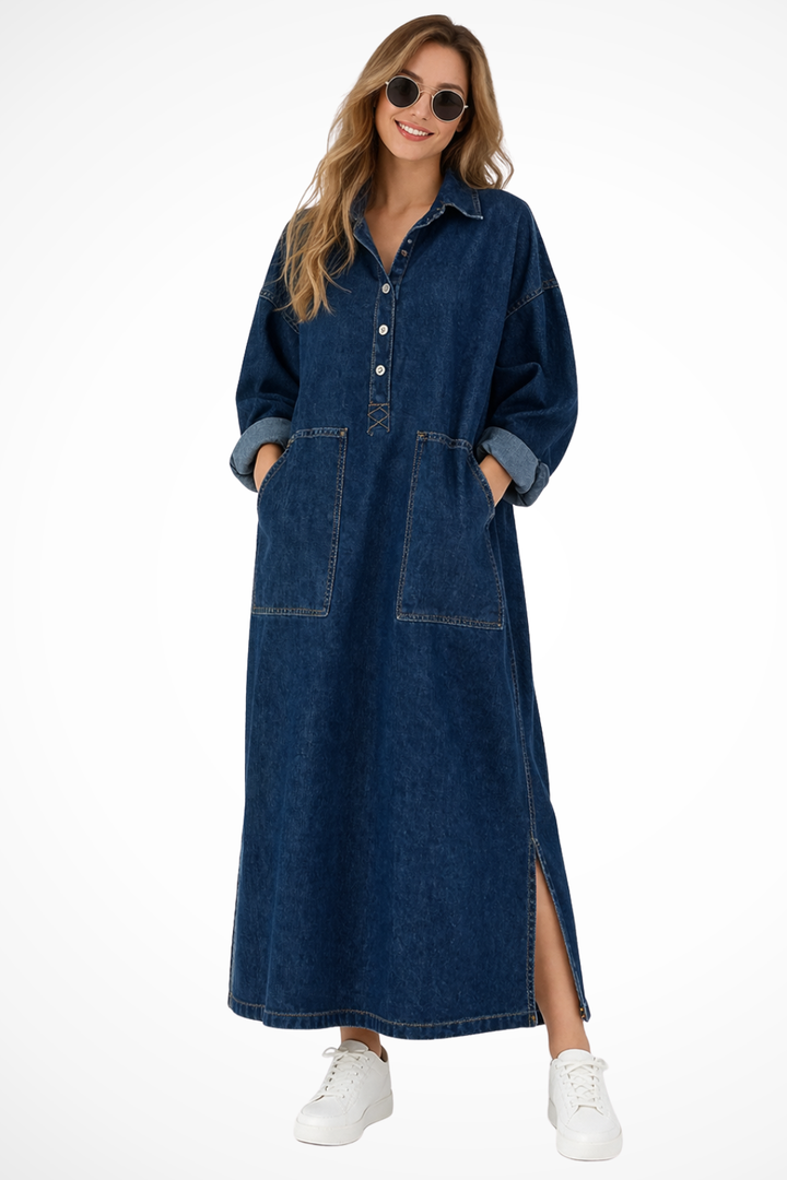Women's blue collared long sleeve maxi dress with functional pockets, perfect for casual or smart-casual everyday wear.
