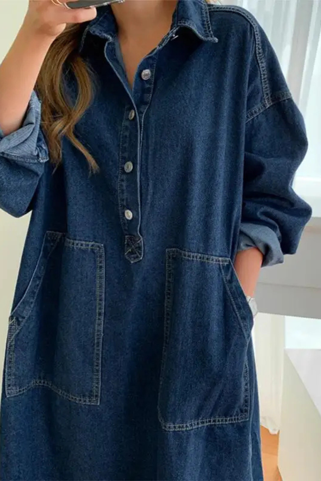 Versatile women's blue maxi dress featuring a classic collar, long sleeves, and convenient pockets for daily style.