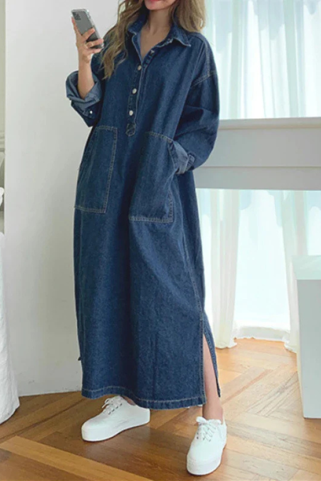 Comfortable women's blue long sleeve maxi dress with a sophisticated collar and practical pockets, great for casual outings.