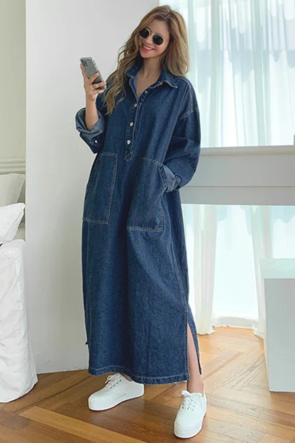 Elegant blue collared long sleeve maxi dress for women, designed with pockets, offering smart-casual everyday versatility.