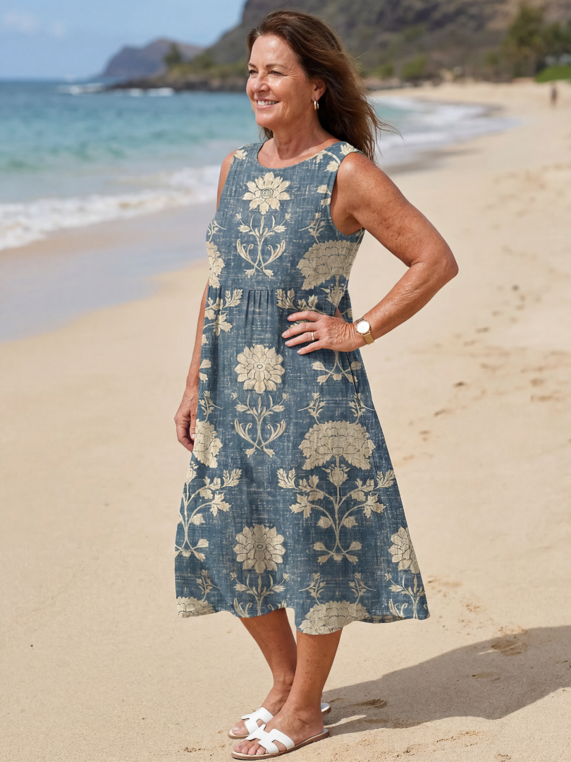 Stylish women's Shoreline floral midi dress. Relaxed fit, sleeveless, and comfortable for summer fashion.