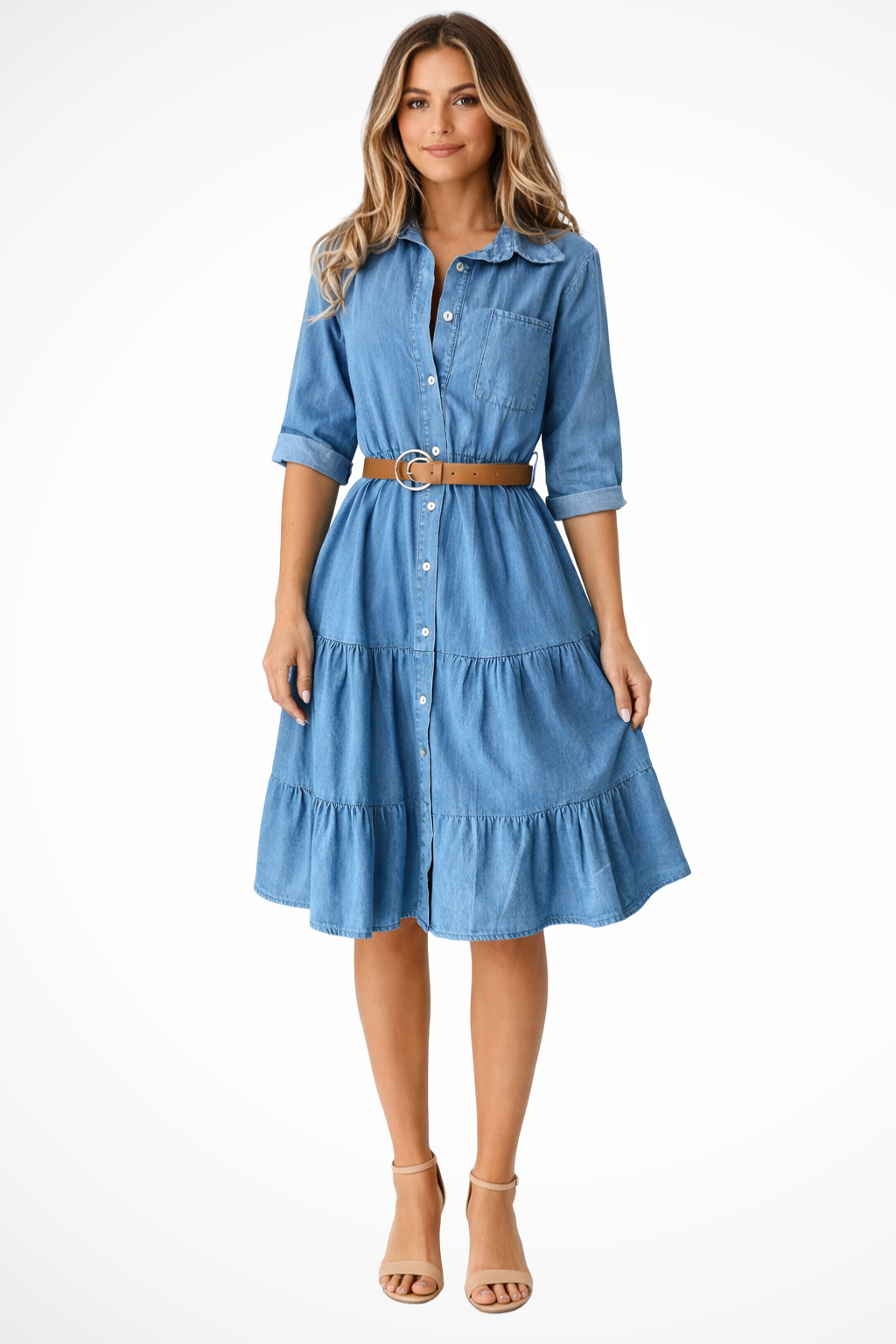 Women's blue tiered midi shirt dress with a belt, perfect for elegant casual spring & summer wear.