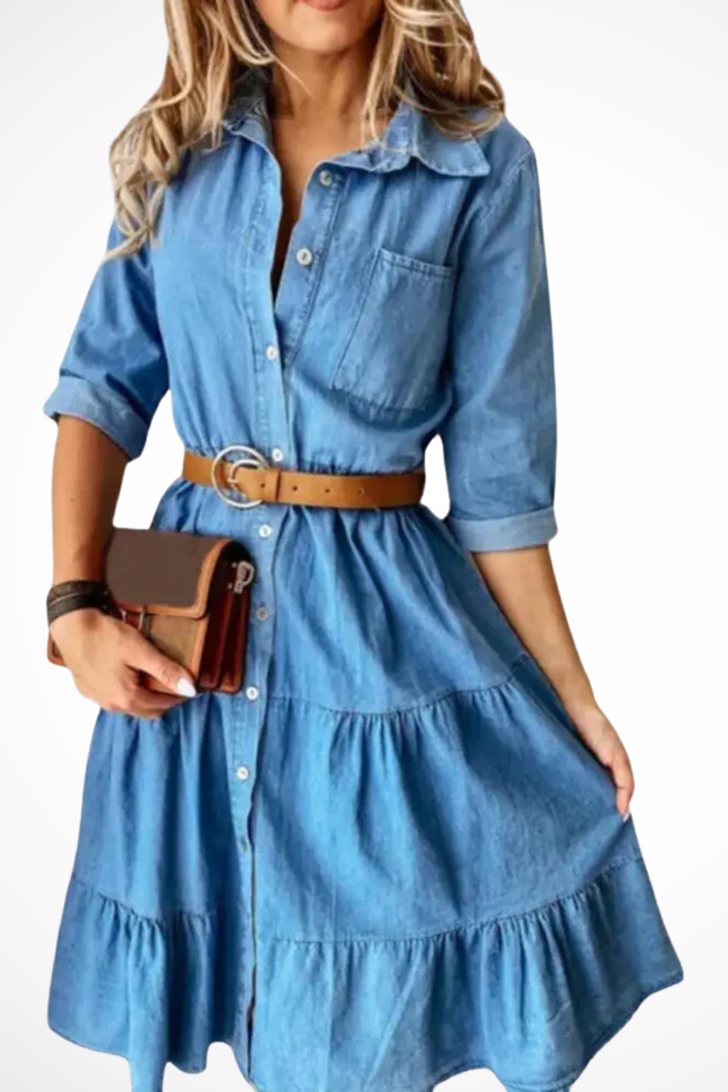 Stylish women's belted blue midi shirt dress with button-front and tiered skirt, ideal for versatile fashion.