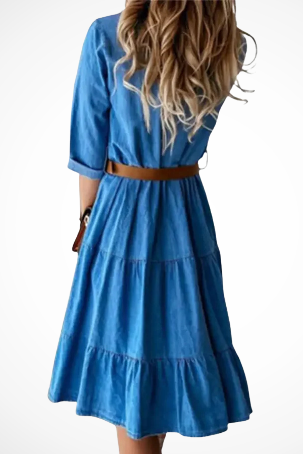 Effortless women's blue tiered midi shirt dress with belt, a chic casual choice for everyday spring fashion.