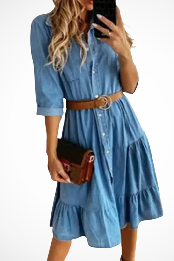 Chic women's blue midi shirt dress featuring a tiered design & belt for a sophisticated spring/summer look.