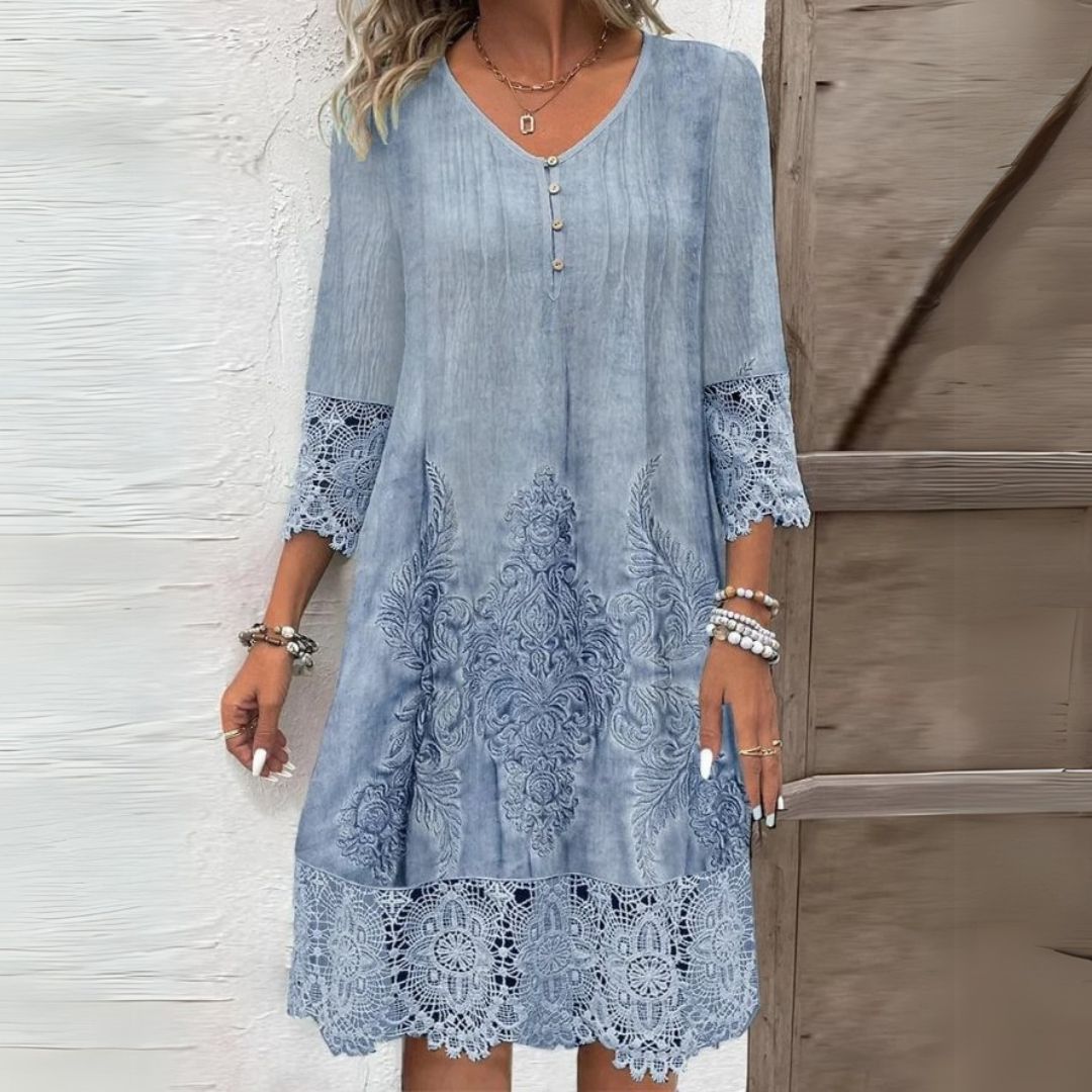 Women's blue vintage lace trim shift dress for summer comfort. Short sleeve, round neck casual elegance.