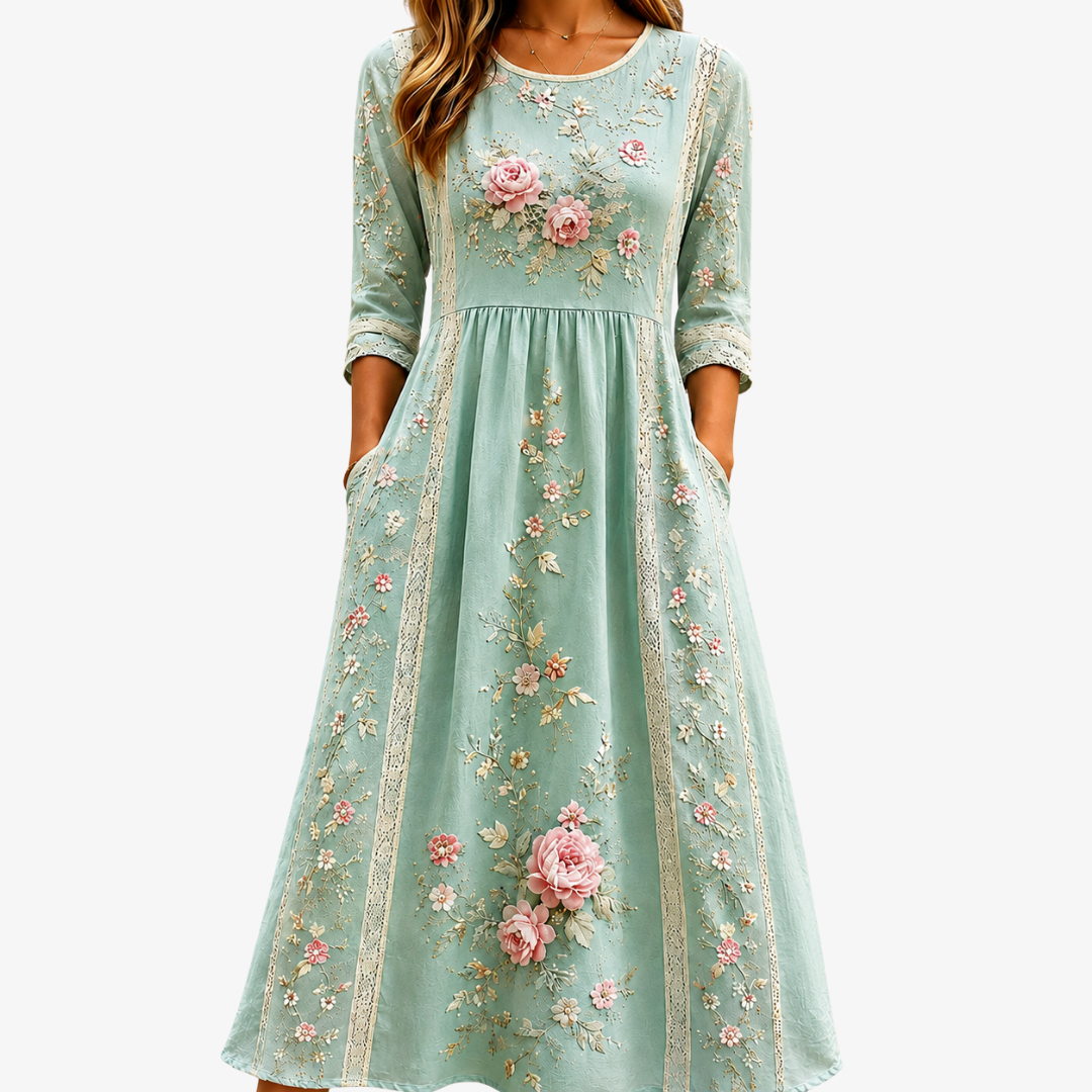 Women's Blush Rose Garden Grace Midi Dress. Elegant floral print, comfortable summer dress with pockets, perfect for garden parties.