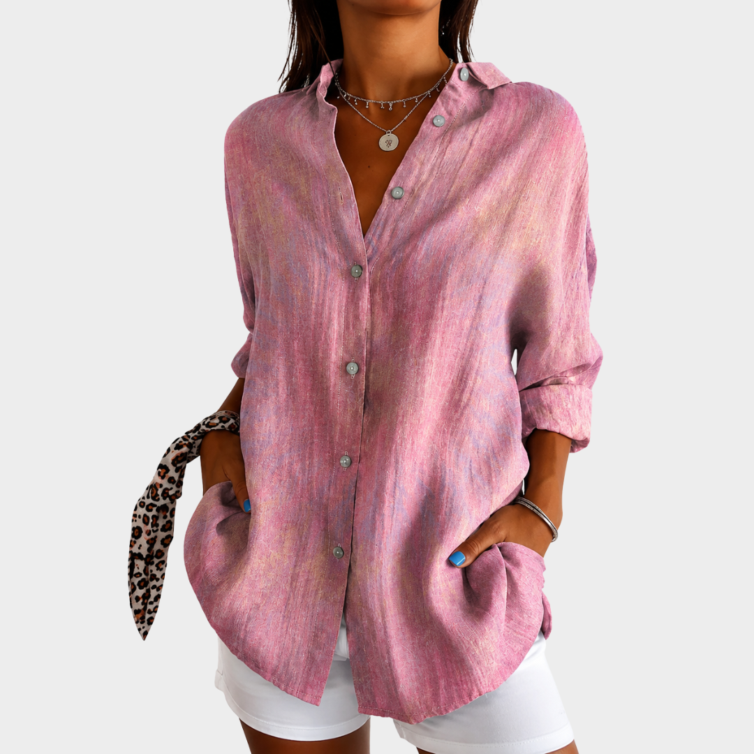 Women's Blush Whisper everyday blouse, relaxed fit button-front top for versatile spring & summer casual wear.