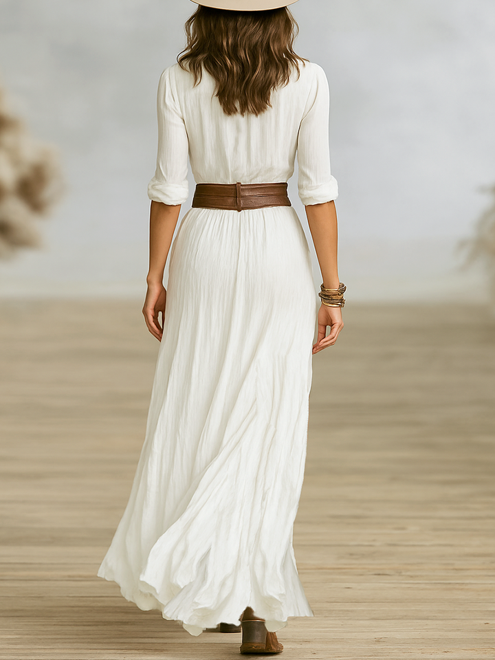 Bohemian button-front maxi dress for women. This elegant, flowy long summer dress is perfect for vacations.