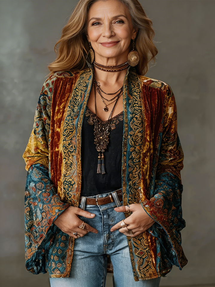 Women's bohemian cardigan with an elegant print & velvety soft touch, perfect for stylish layering.