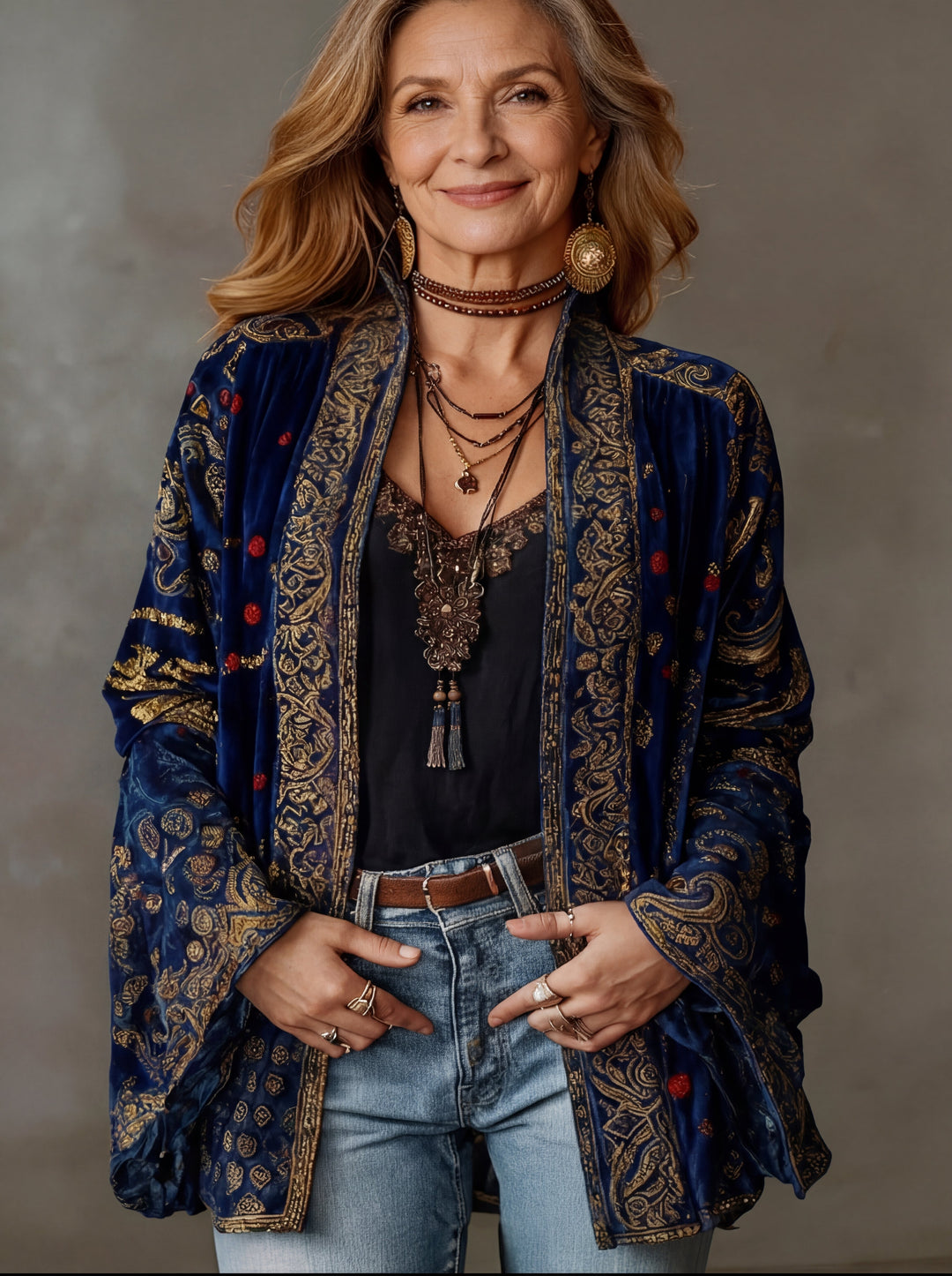 Cozy women's printed cardigan featuring a unique artistic bohemian pattern and a luxurious velvety feel.