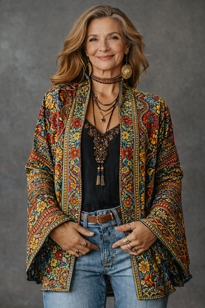 Bohemian printed cardigan for women, offering a luxurious velvety soft touch and a stylish relaxed fit.