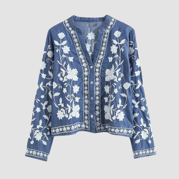 Women's bohemian embroidered cardigan with drop shoulder, featuring vibrant floral design & relaxed fit for chic style.