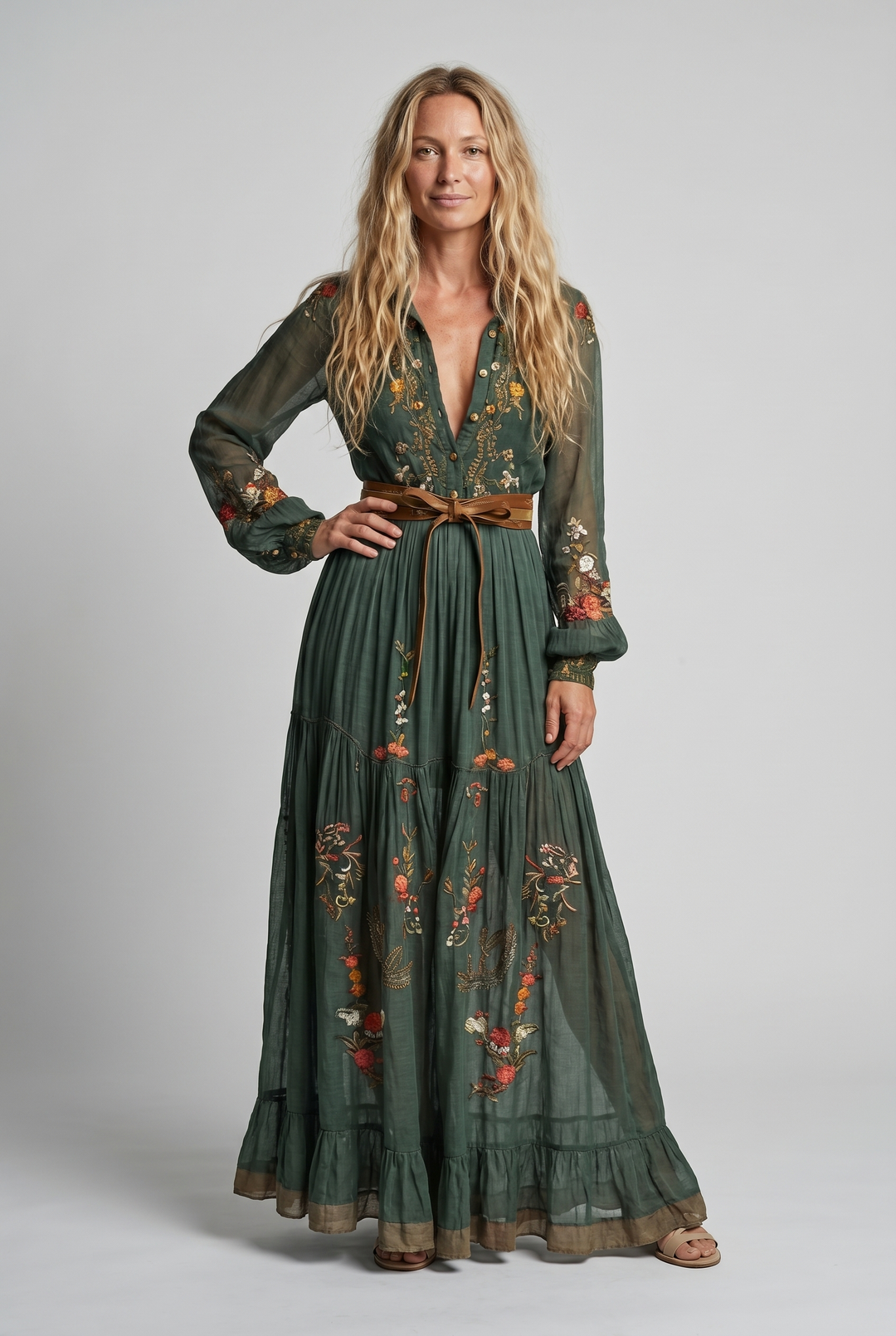 Lightweight women's long dress, featuring vibrant embroidery and a V-neck, suitable for beach or resort wear.