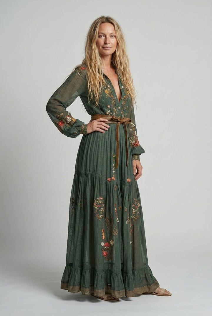 Elegant women's embroidered maxi dress with a V-neck and relaxed fit, a stylish choice for any summer event.