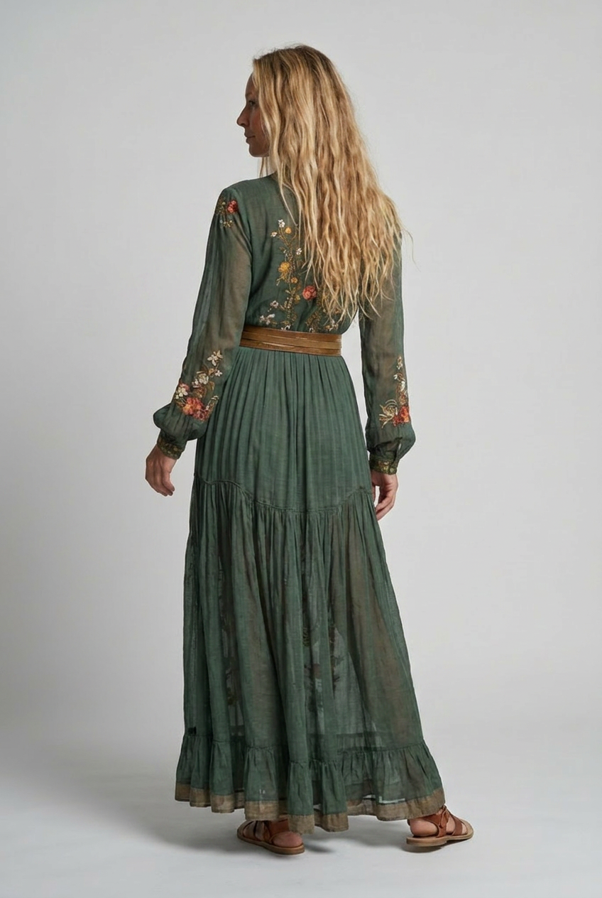 Comfortable women's summer boho dress with delicate V-neck embroidery, great for warm weather and vacations.