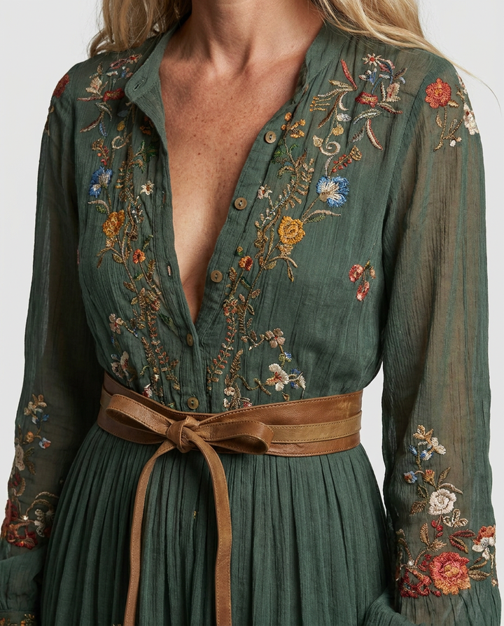 Long floral embroidered V-neck maxi dress for women, capturing a relaxed bohemian aesthetic for summer.