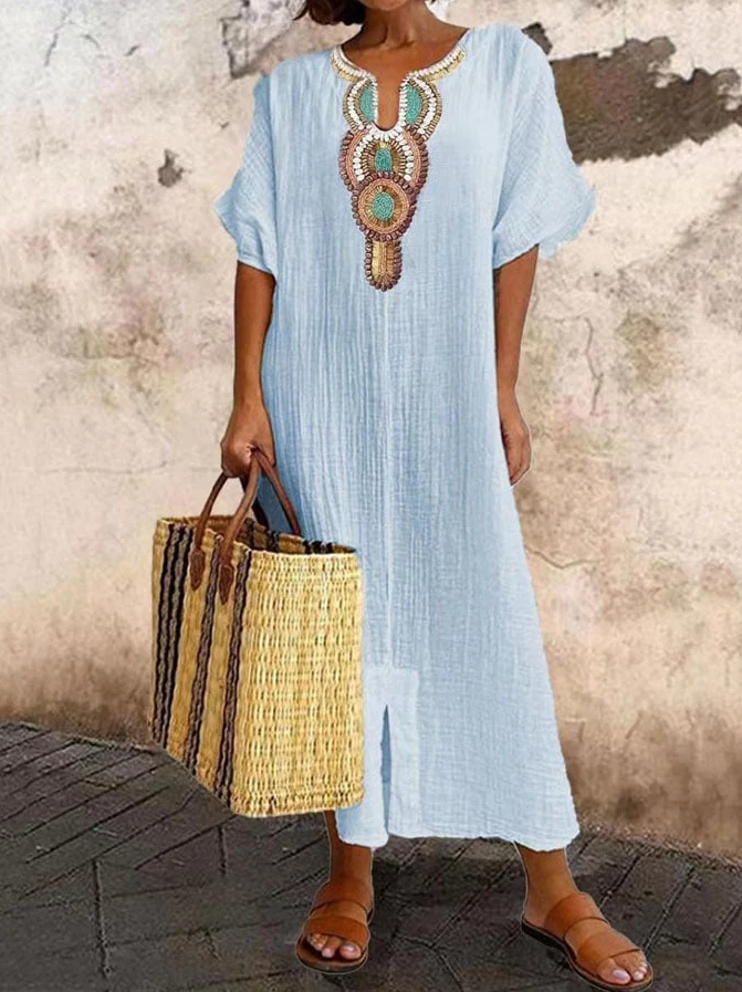 Ethnic style women's kaftan dress, flowy and loose-fitting, offering bohemian charm for summer fashion & resort.