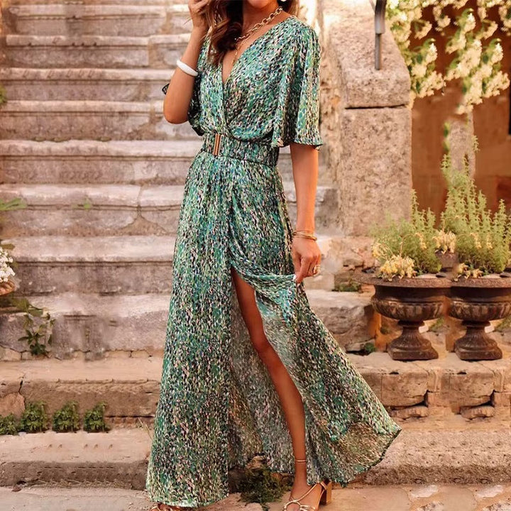 Elegant women's casual long maxi dress for summer. Sleeveless, flowy, and comfortable boho beach vacation style.