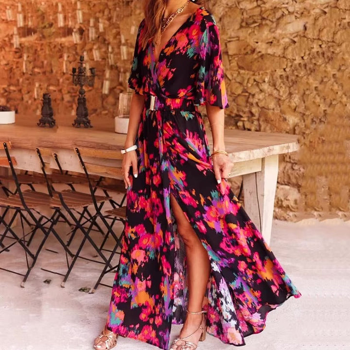 Chic women's bohemian summer long maxi dress. Flowy, strappy, sleeveless, ideal for beach, casual, or vacation wear.