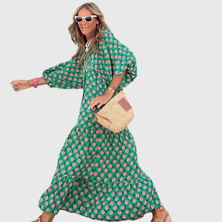 Women's Bohemian Maxi Dress, a long flowy summer dress in vibrant print, perfect for casual elegant style.