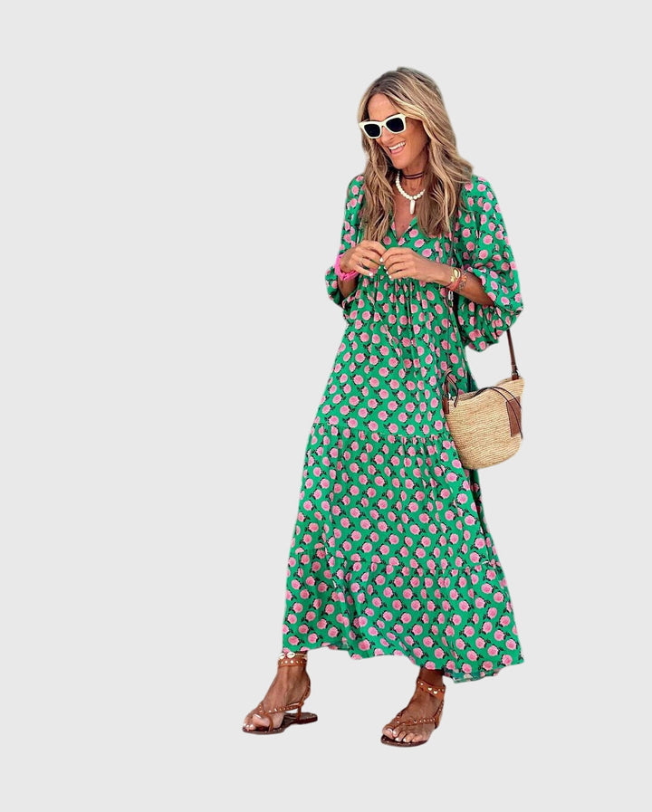 Chic women's Bohemian maxi dress with a relaxed fit, ideal for resort wear & comfortable summer fashion.