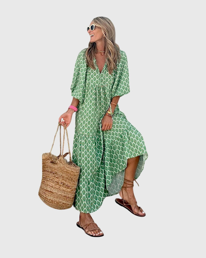 Versatile women's Bohemian maxi dress, a chic and flowy long dress suitable for elegant summer occasions.