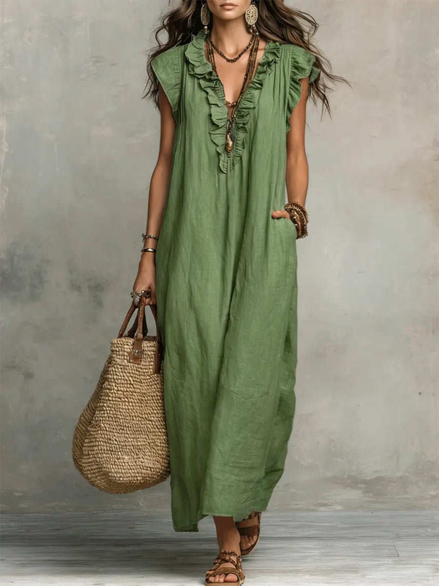 Elegant Women's Bohemian Maxi Dress featuring a Ruffle V-Neck and delicate Flutter Sleeves. Ideal for summer.
