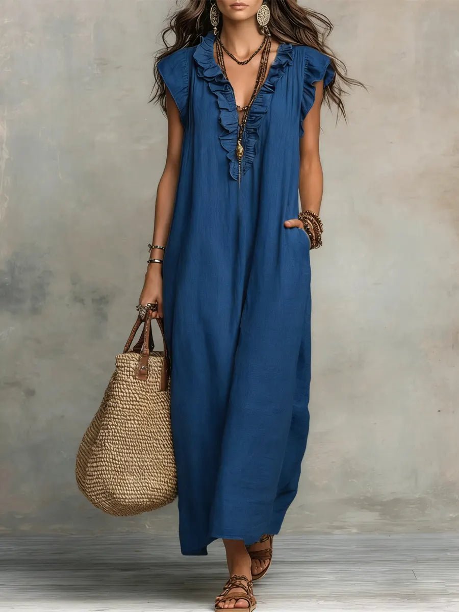 Casual Women's Bohemian Maxi Dress with stylish Ruffle V-Neck and airy Flutter Sleeves. Great for daywear.