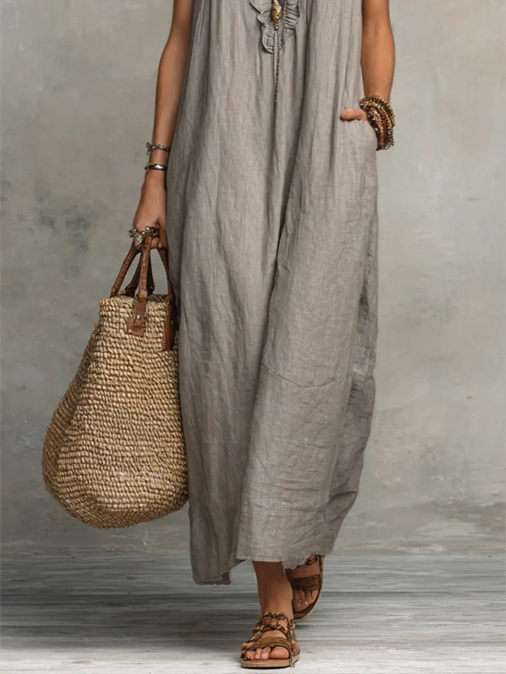 Versatile Women's Bohemian Ruffle V-Neck Maxi Dress. Flutter sleeves, perfect casual or elegant summer wear.