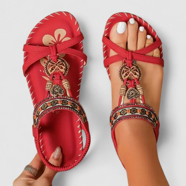 Women's bohemian T-strap sandals with orthopedic arch support for all-day comfort.