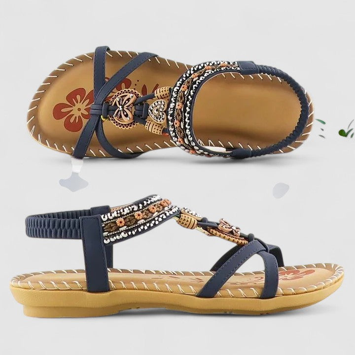 Orthopedic women's bohemian sandals with T-strap design and arch support.