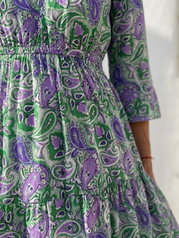 Vibrant paisley print bohemian V-neck maxi dress for women, long sleeves. A chic choice for summer fashion.