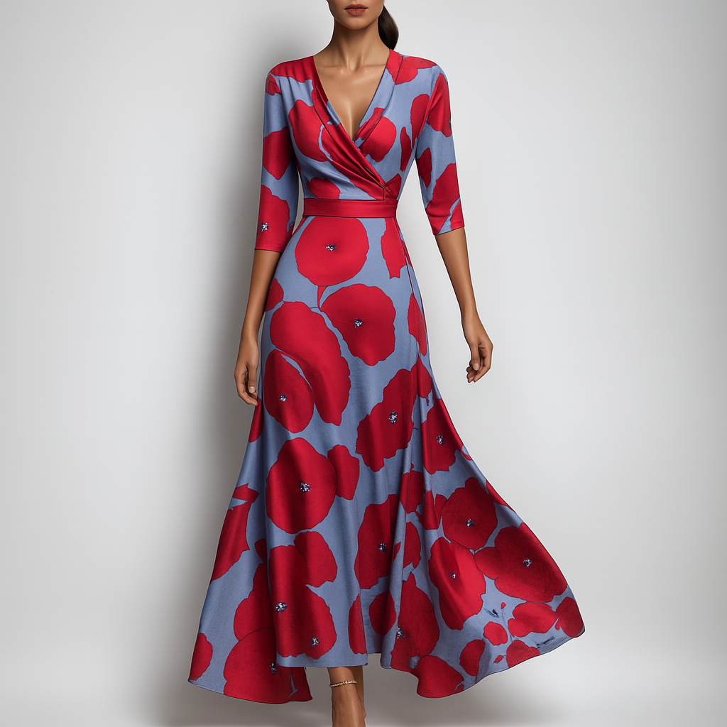 Women's bohemian V-neck maxi dress with three-quarter sleeves and empire waist, perfect for summer elegance.
