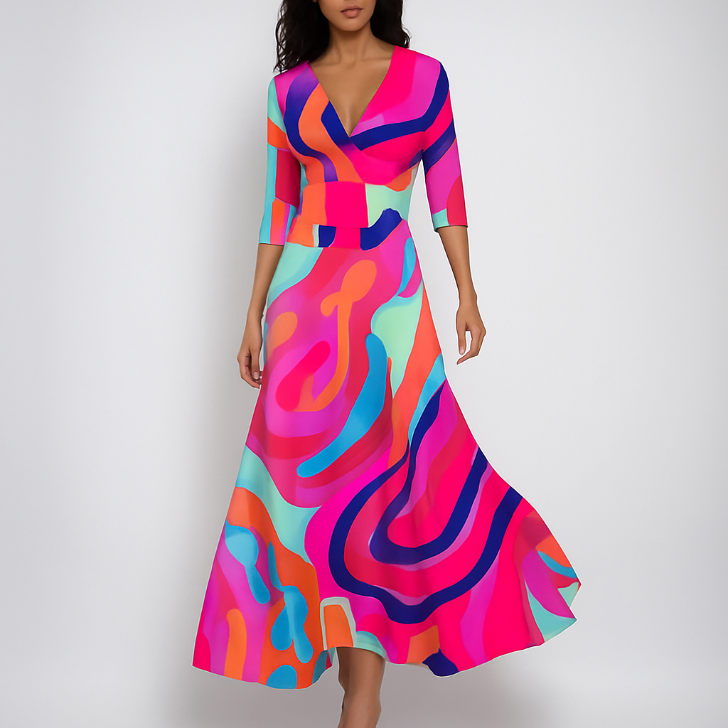 Summer V-neck maxi dress for women, bohemian style with an empire waist and a beautiful flowy design.