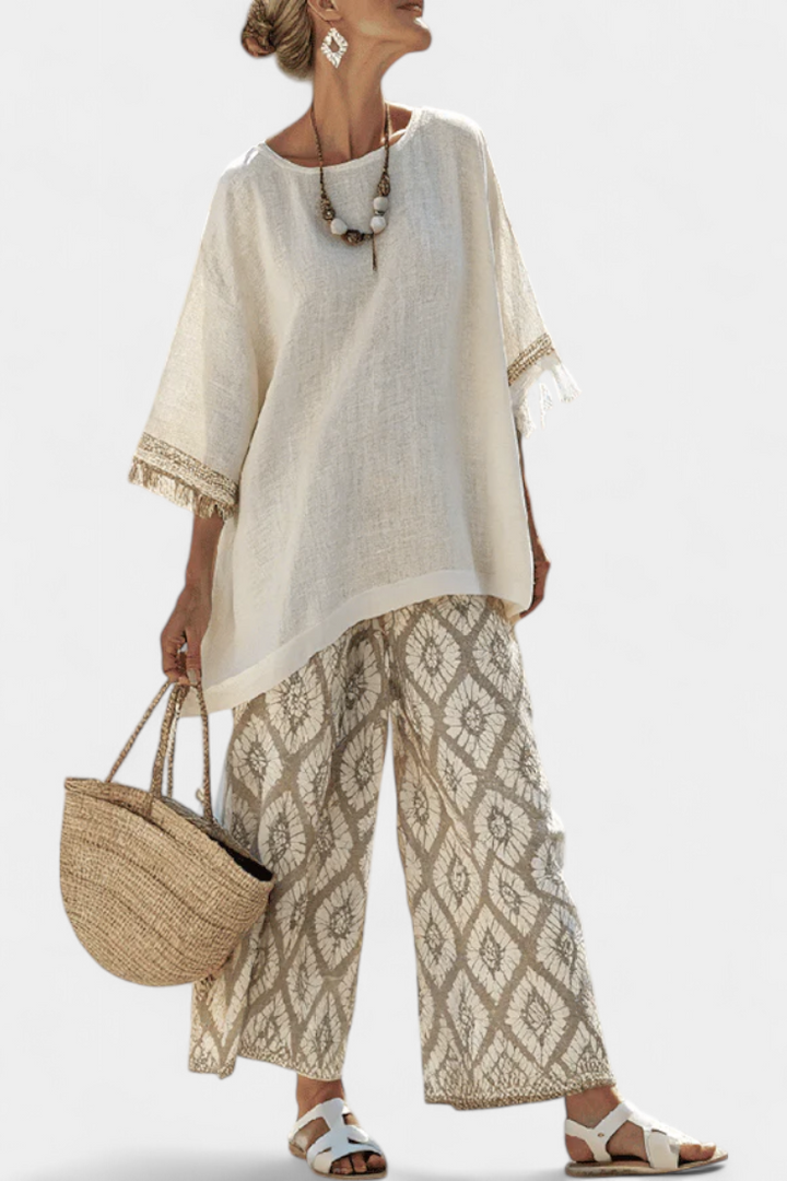 Women's boho chic top & wide leg trousers set, perfect for effortless summer style, casual wear, or holiday fashion.