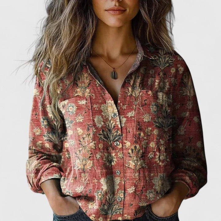 Women's boho floral long-sleeve blouse with button front, perfect for a casual, chic look.