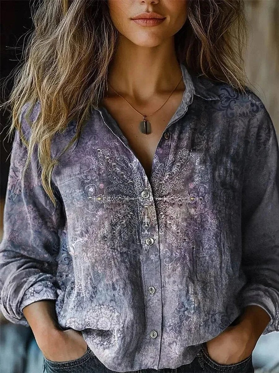 Women's boho floral long-sleeve button blouse, a versatile and chic bohemian top.