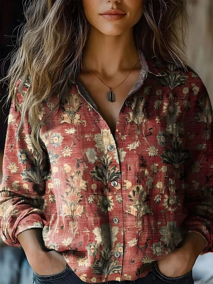 Fashionable women's floral print long-sleeve blouse, a button-front top in bohemian style.