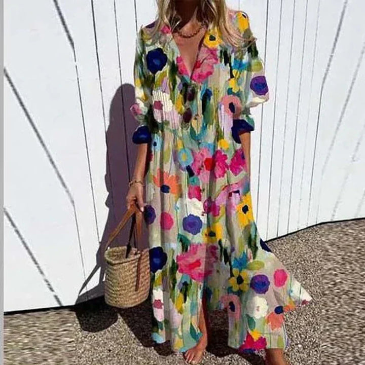 Women's boho floral long sleeve maxi dress, perfect for summer style & vacation wear.