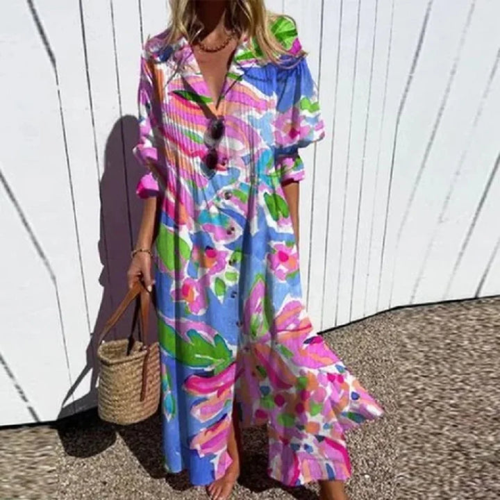 Flowy long sleeve boho floral maxi dress, designed for casual elegance and summer comfort.