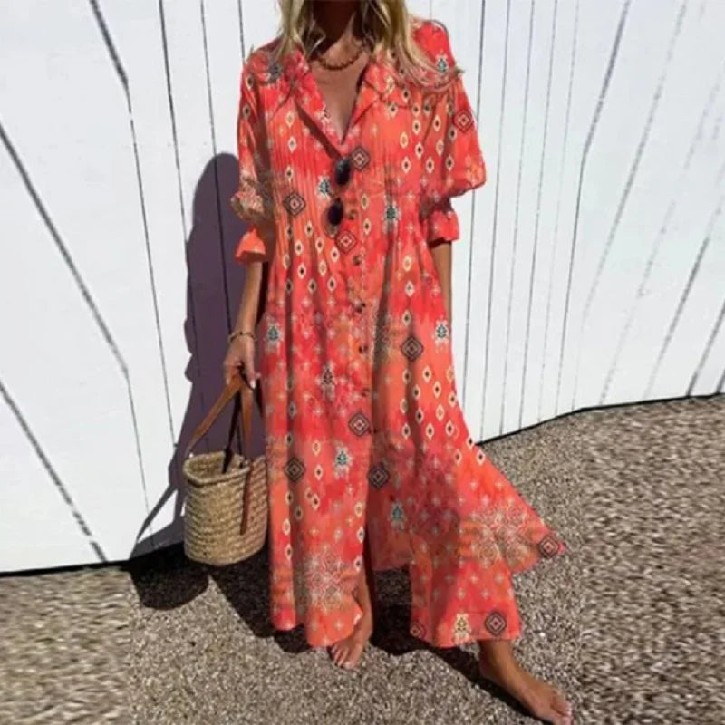 Vibrant floral print women's boho maxi dress with long sleeves, great for summer & beach.